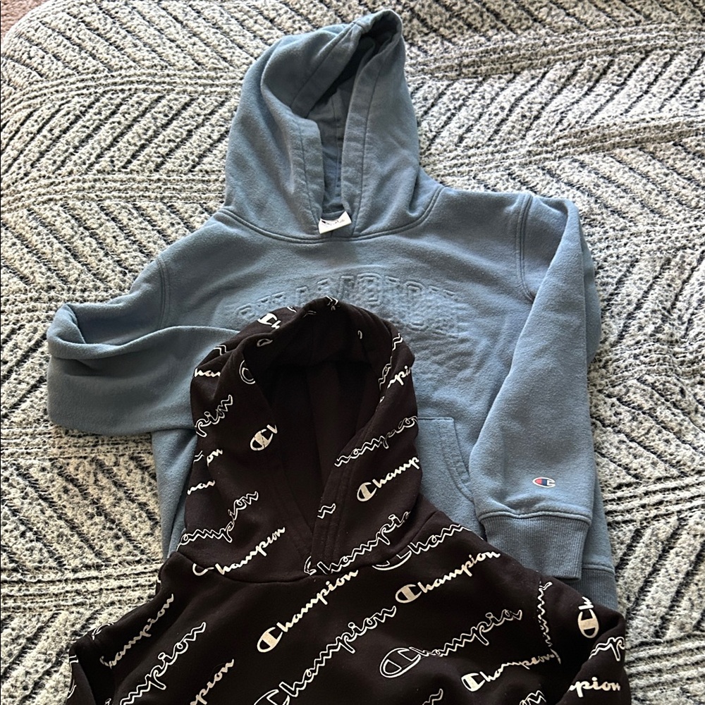 2 Boys Champion Logo Black and Solid Blue Hoodies.